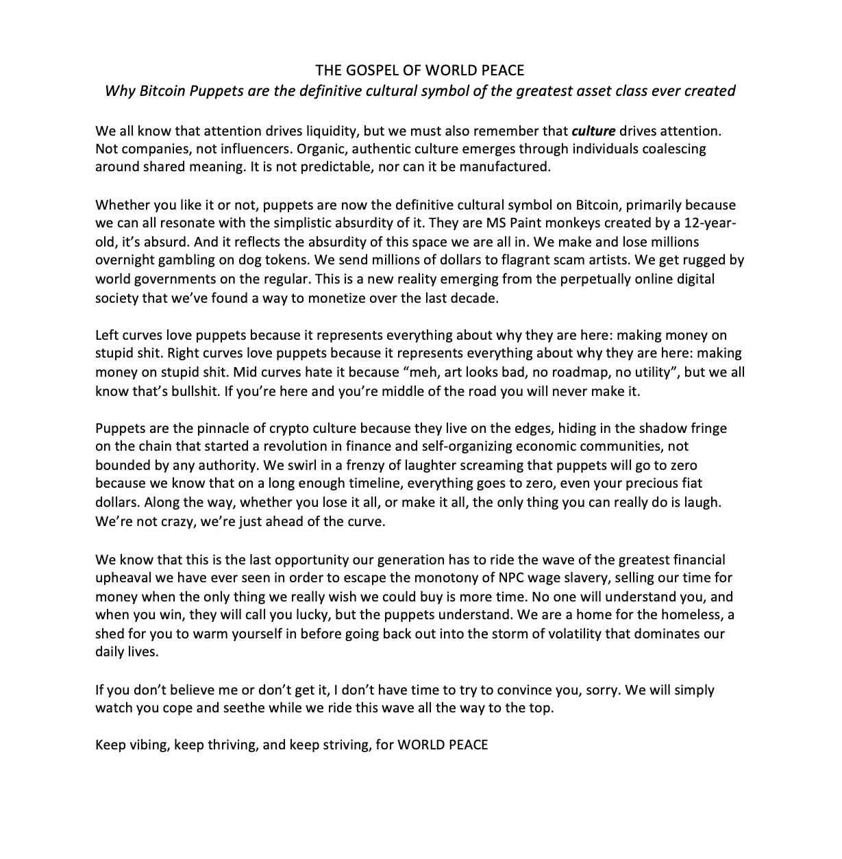 The Gospel of World Peace manifesto